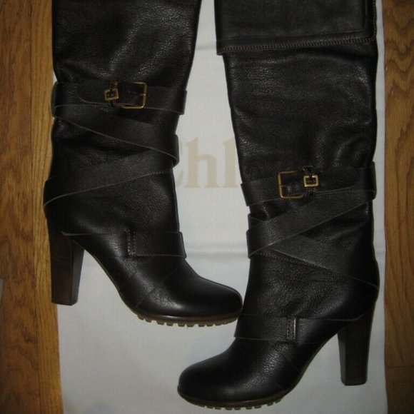 Chloe Brown Prince Paddington Leather Knee High Buckle Belted Boots - Picture 1 of 16